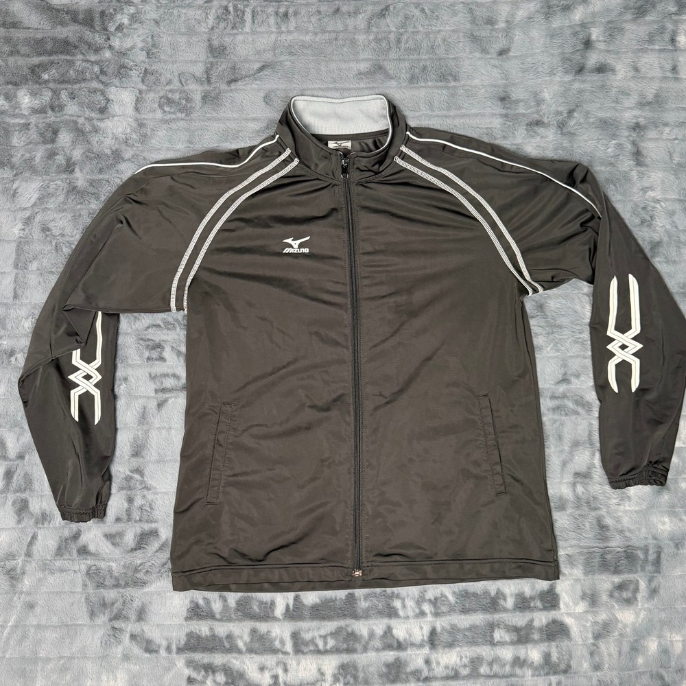 Mizuno Womens Black Full Zip Track Jacket White Piping Graphic Sleeve Large
